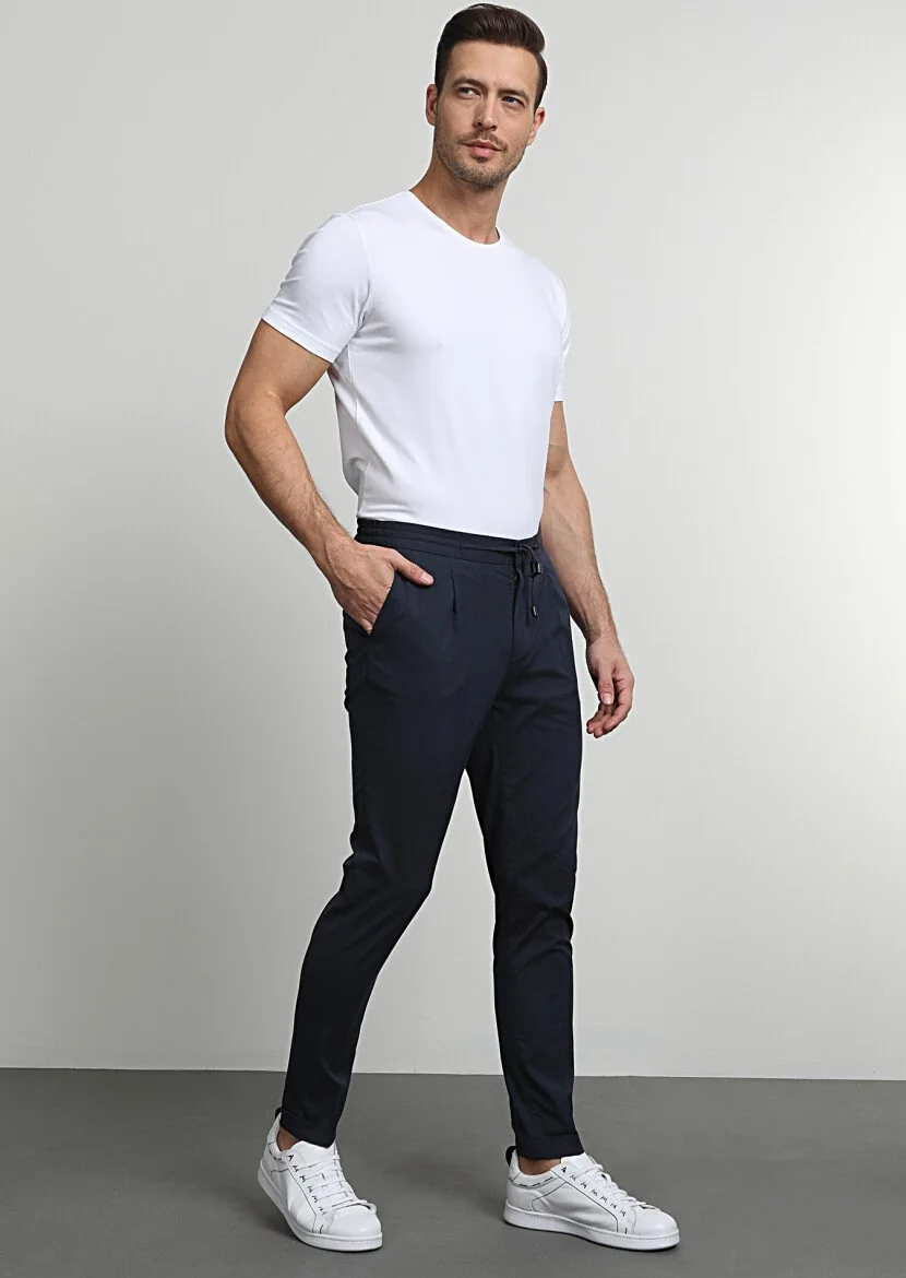 Navy Blue Weaving Jogging Fit Casual Cotton Blended Trousers - 1