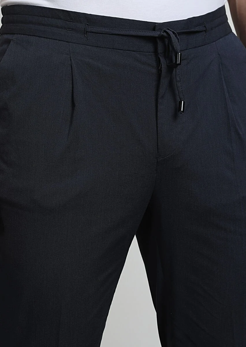 Navy Blue Weaving Jogging Fit Casual Cotton Blended Trousers - 2