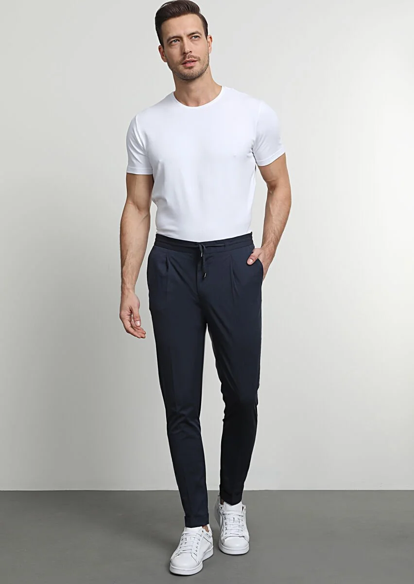 Navy Blue Weaving Jogging Fit Casual Cotton Blended Trousers - 3