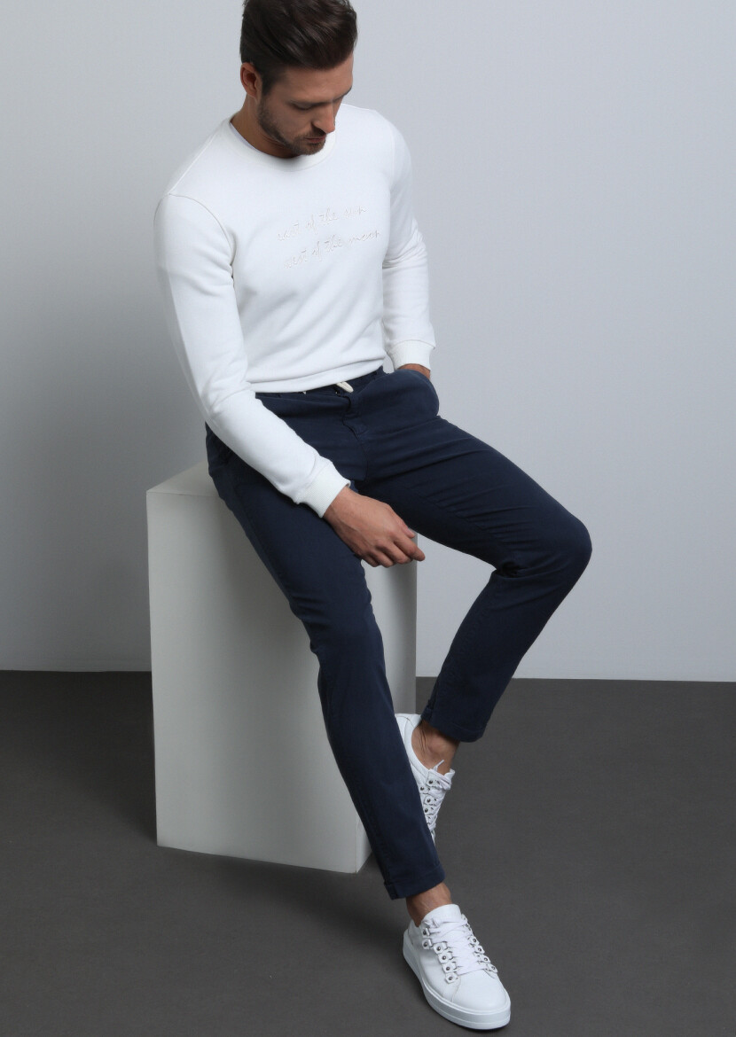 Navy Blue Weaving Jogging Fit Casual Cotton Blended Trousers - 1