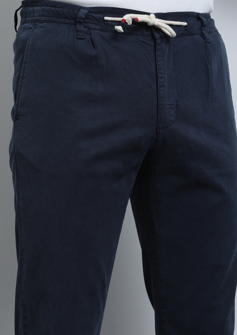 Navy Blue Weaving Jogging Fit Casual Cotton Blended Trousers 