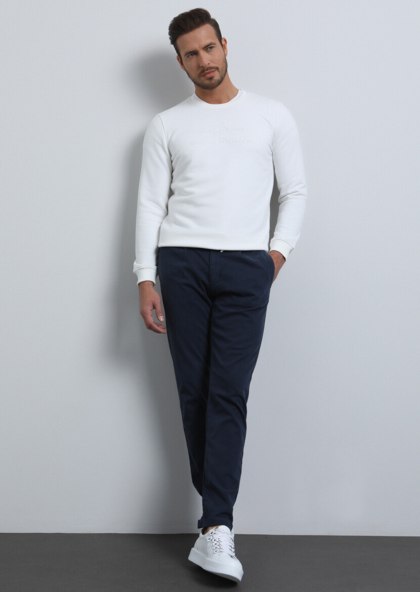 Navy Blue Weaving Jogging Fit Casual Cotton Blended Trousers - 3