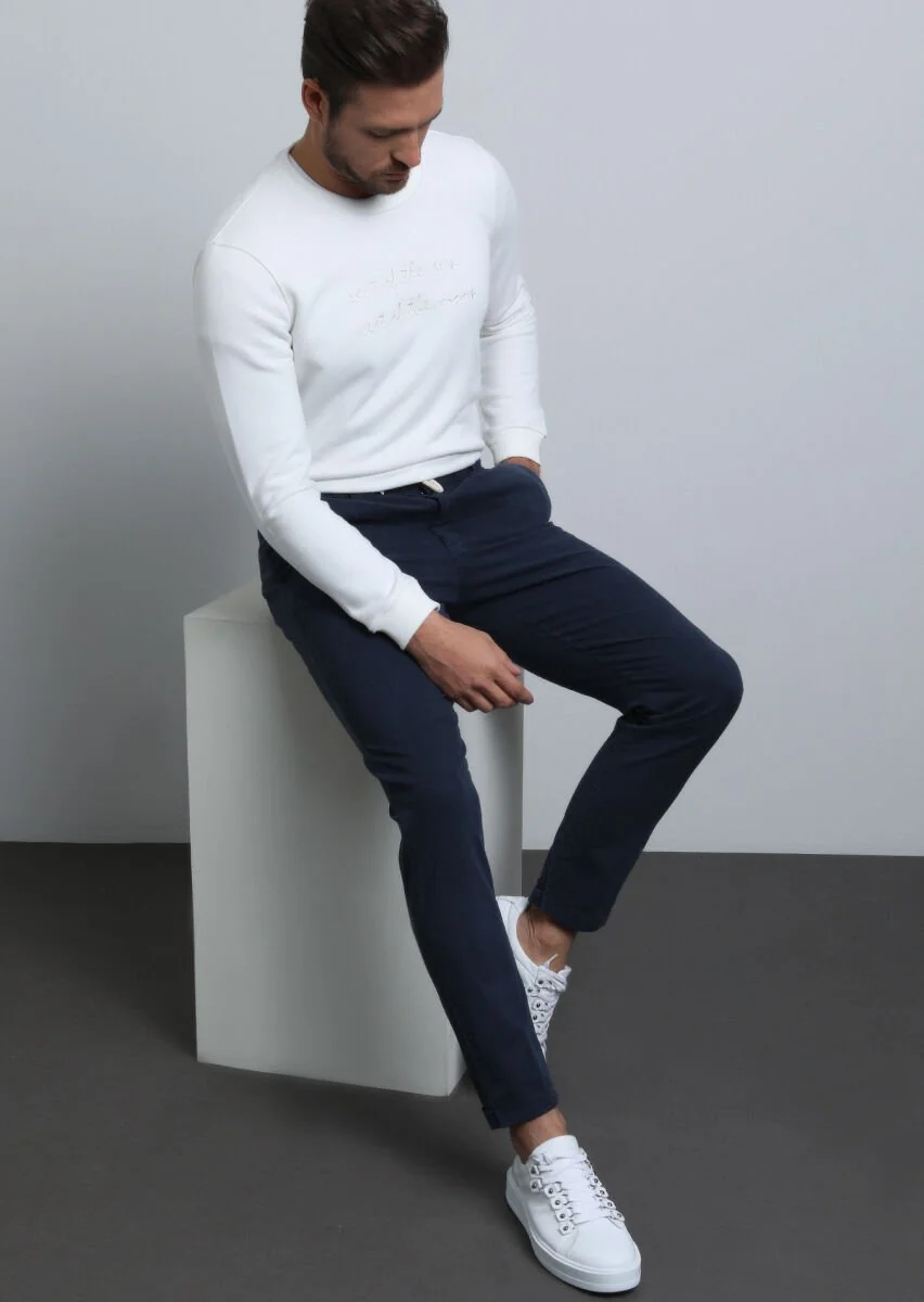 Navy Blue Weaving Jogging Fit Casual Cotton Blended Trousers - 1