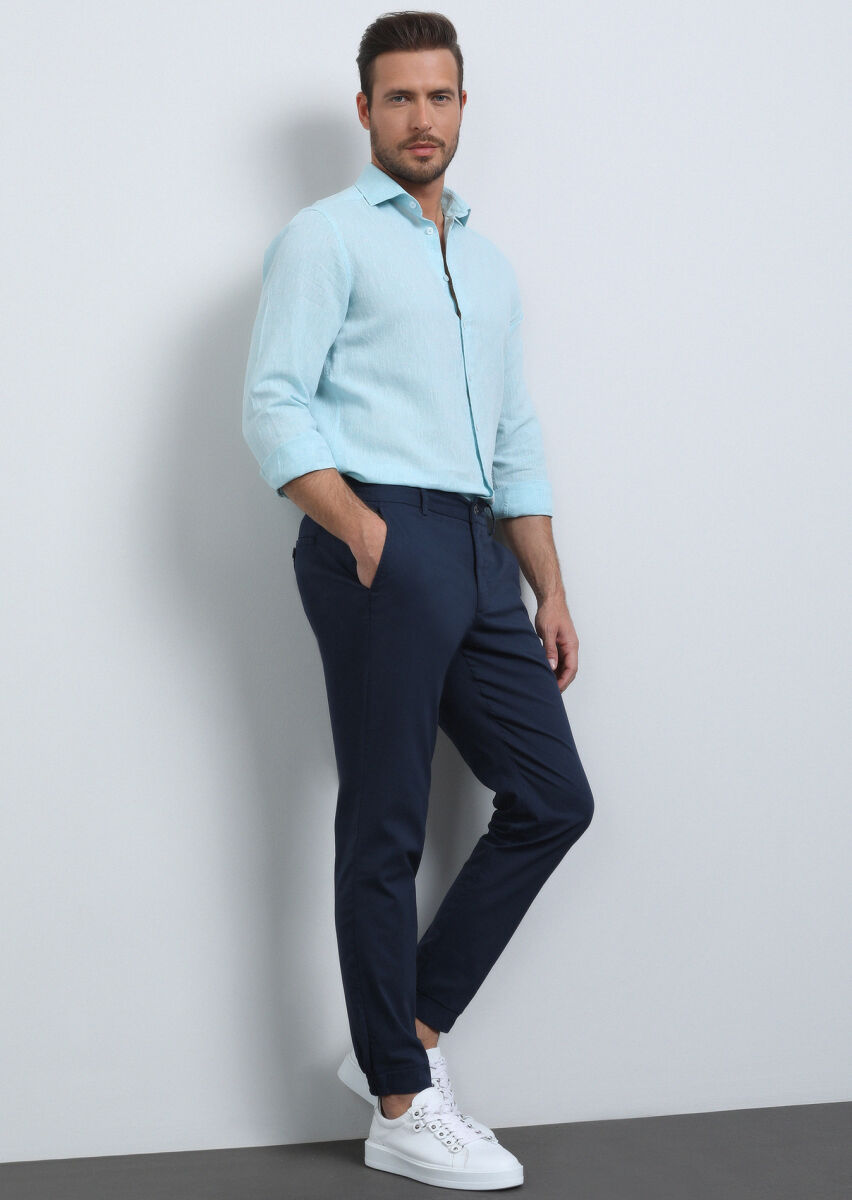 Navy Blue Weaving Jogging Fit Casual Cotton Blended Trousers - 2