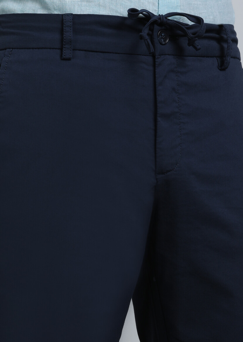 Navy Blue Weaving Jogging Fit Casual Cotton Blended Trousers - 3