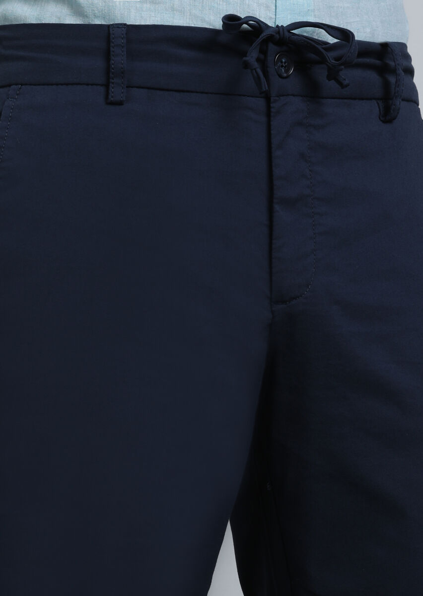 Navy Blue Weaving Jogging Fit Casual Cotton Blended Trousers - 3