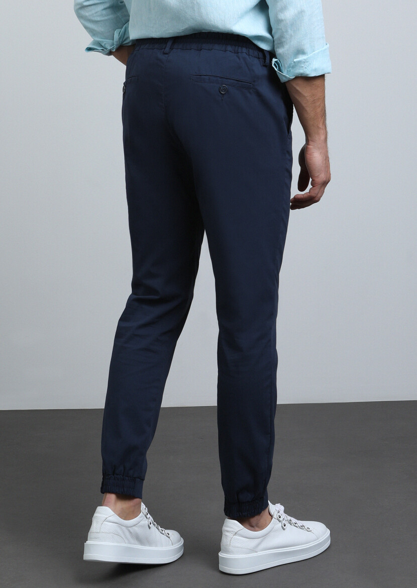 Navy Blue Weaving Jogging Fit Casual Cotton Blended Trousers - 5