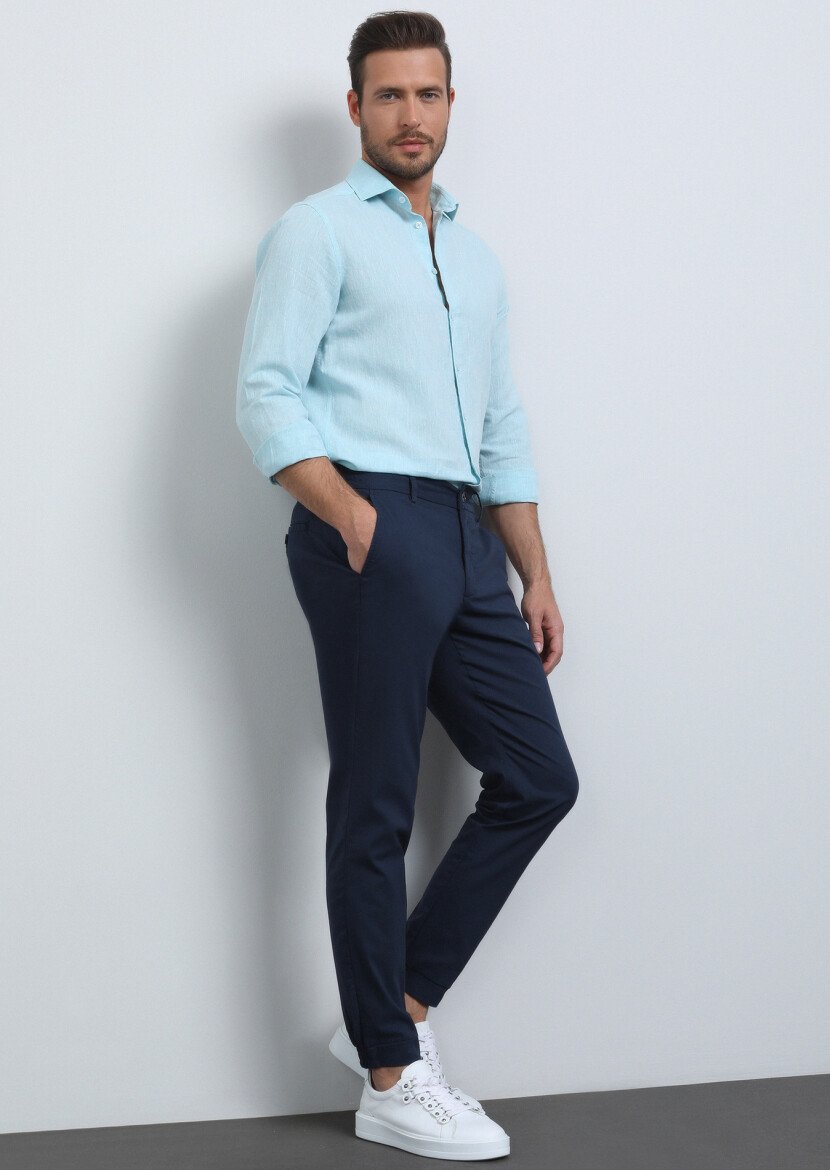Navy Blue Weaving Jogging Fit Casual Cotton Blended Trousers 