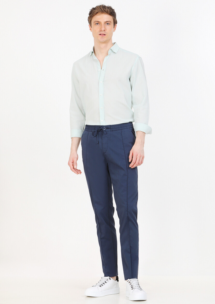 Navy Blue Weaving Jogging Fit Casual Cotton Blended Trousers - 1