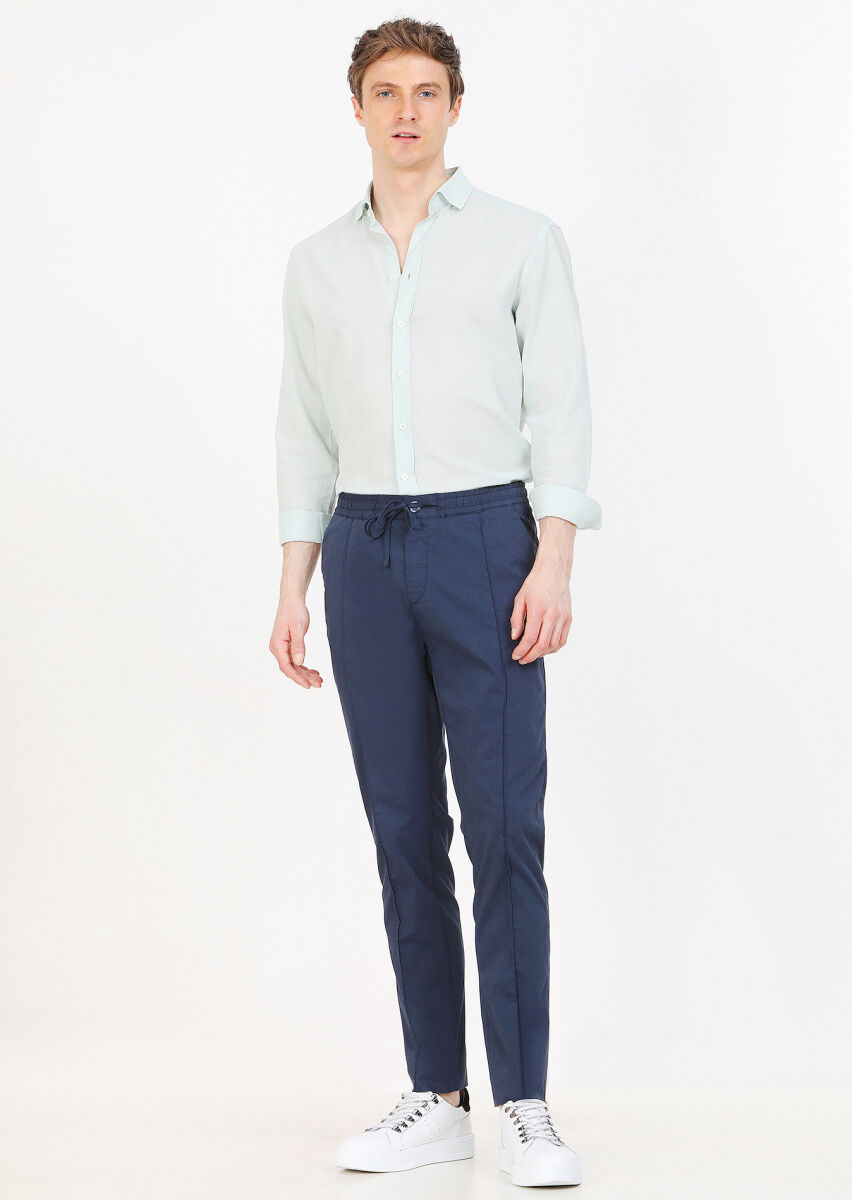 Navy Blue Weaving Jogging Fit Casual Cotton Blended Trousers - 1