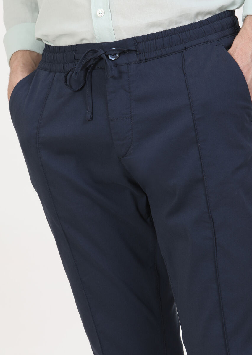 Navy Blue Weaving Jogging Fit Casual Cotton Blended Trousers - 2
