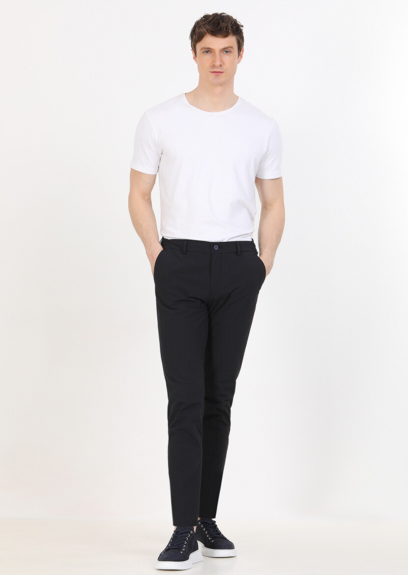 Navy Blue Weaving Jogging Fit Casual Cotton Blended Trousers - 1