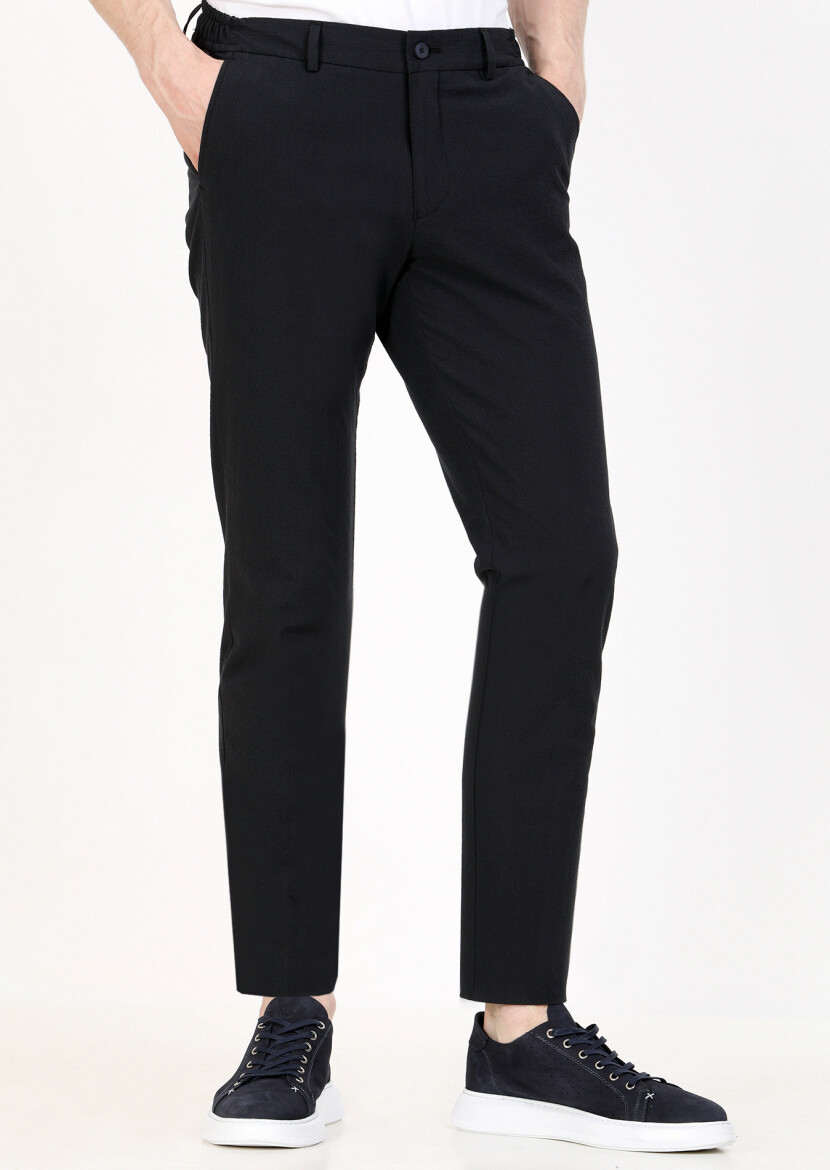 Navy Blue Weaving Jogging Fit Casual Cotton Blended Trousers - 2
