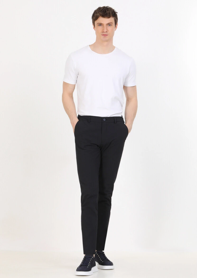 Navy Blue Weaving Jogging Fit Casual Cotton Blended Trousers - 1