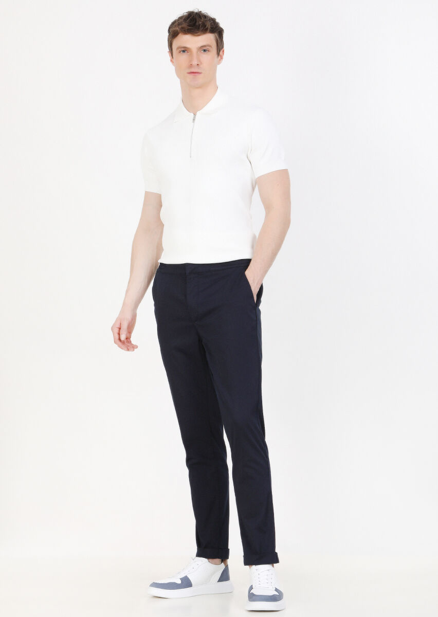 Navy Blue Weaving Jogging Fit Casual Cotton Blended Trousers - 1