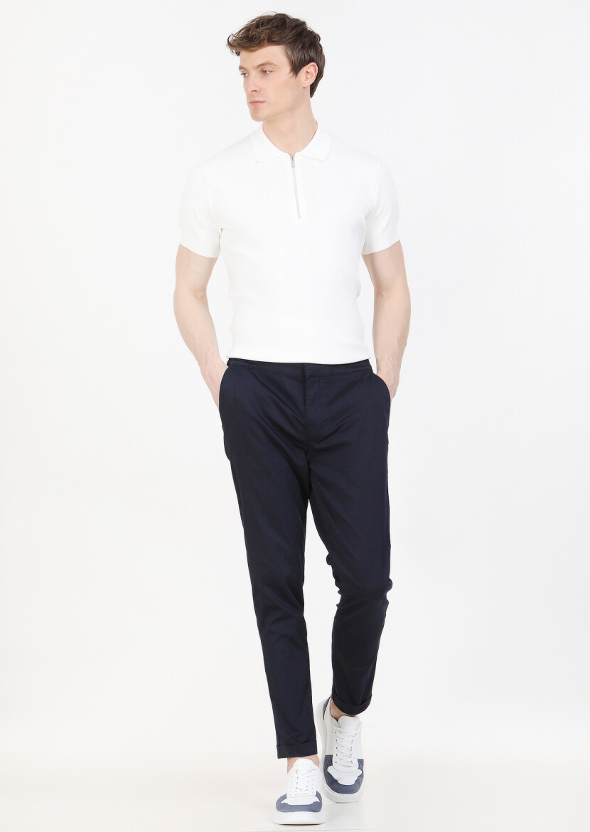 Navy Blue Weaving Jogging Fit Casual Cotton Blended Trousers - 2