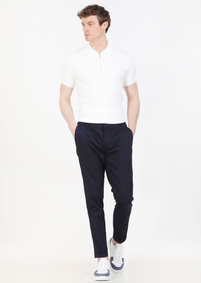 Navy Blue Weaving Jogging Fit Casual Cotton Blended Trousers - 2