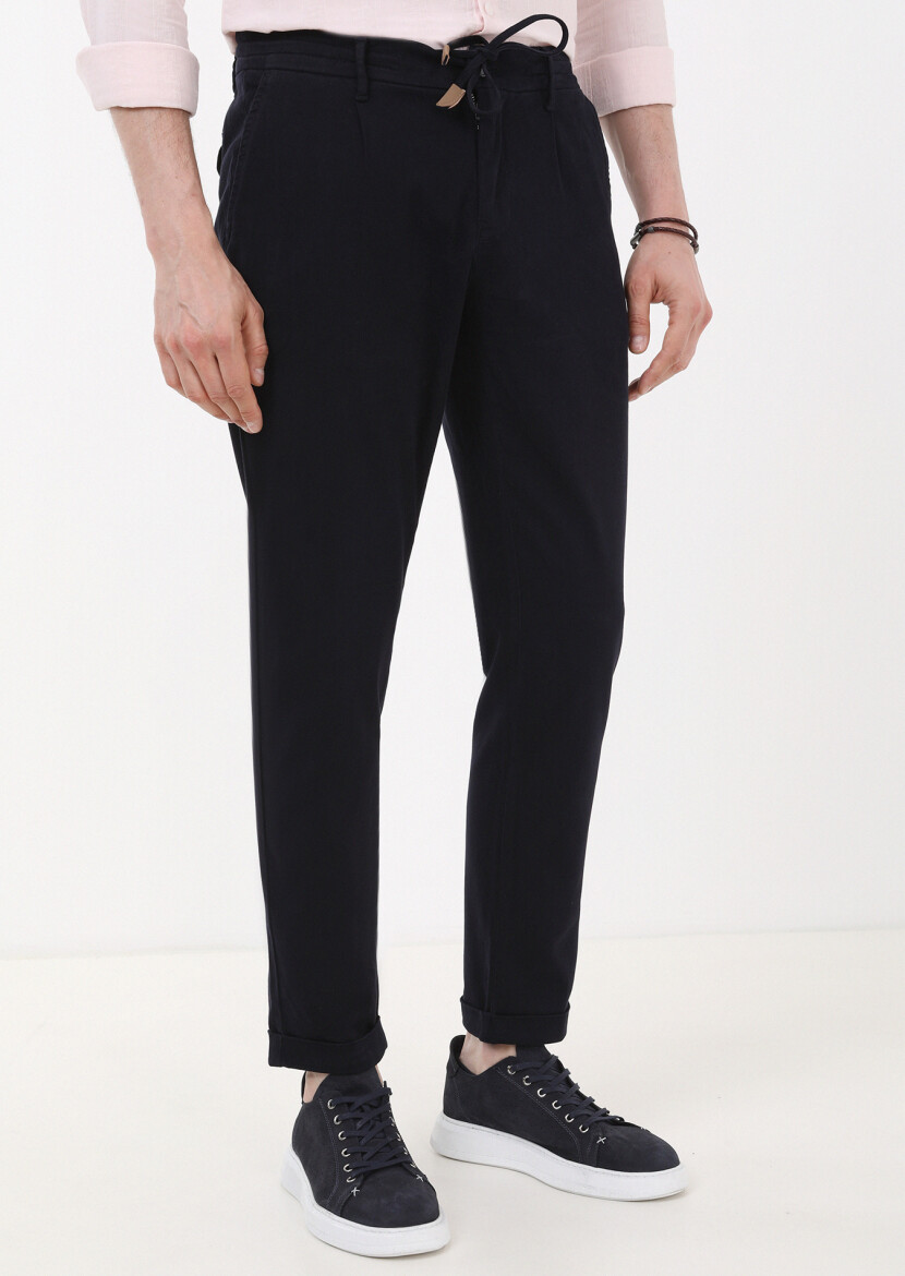 Navy Blue Weaving Jogging Fit Casual Cotton Blended Trousers - 1