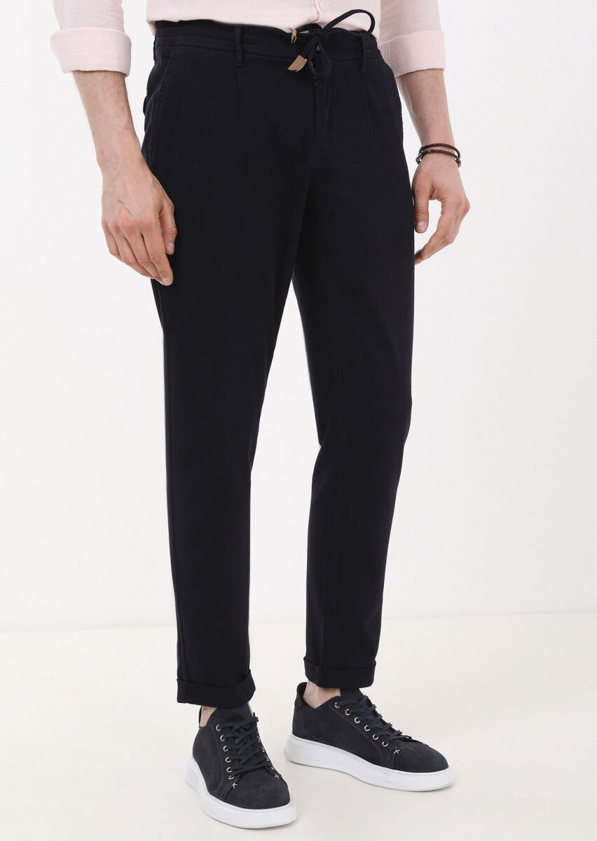 Navy Blue Weaving Jogging Fit Casual Cotton Blended Trousers - 1