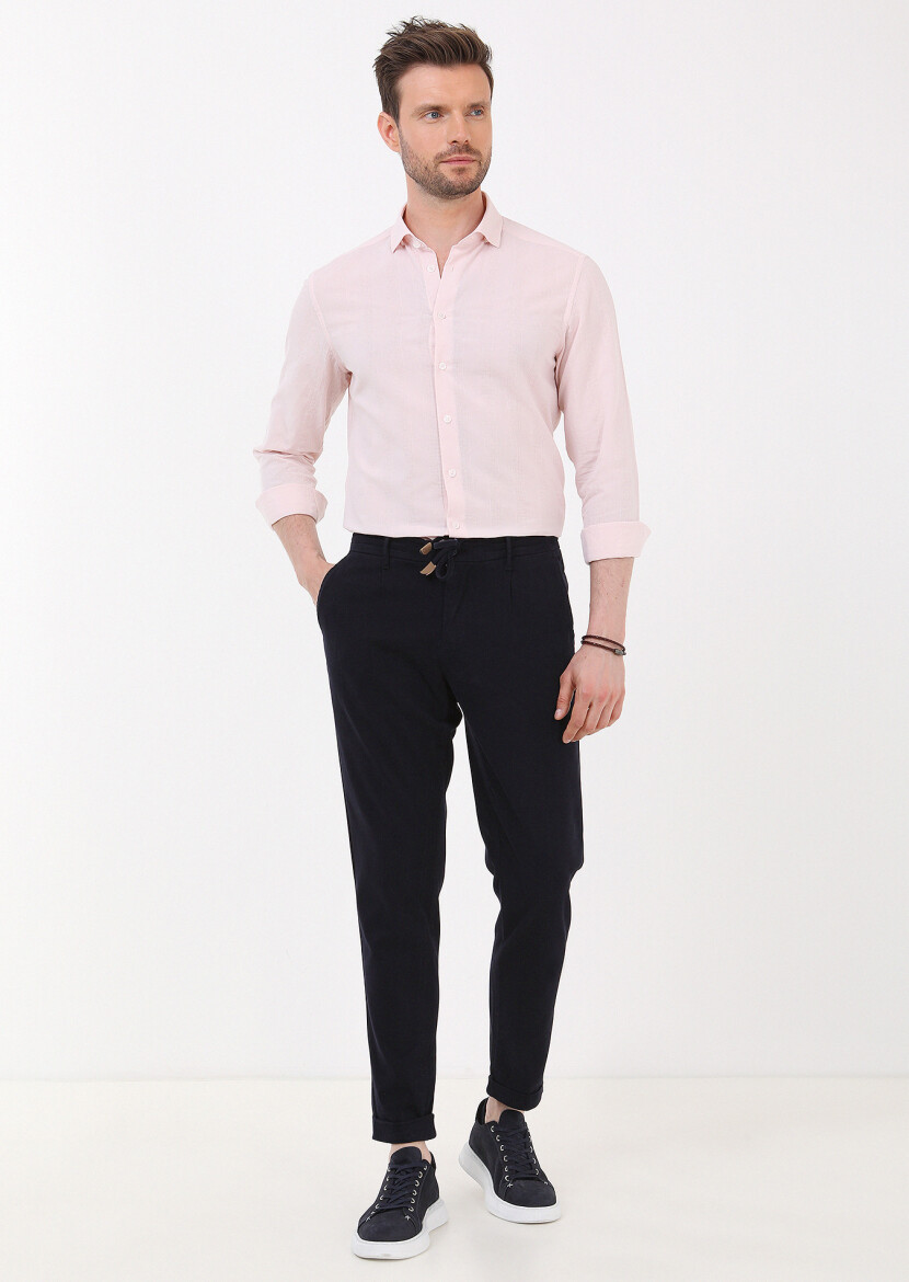 Navy Blue Weaving Jogging Fit Casual Cotton Blended Trousers 