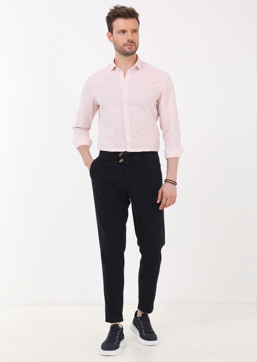 Navy Blue Weaving Jogging Fit Casual Cotton Blended Trousers - 2