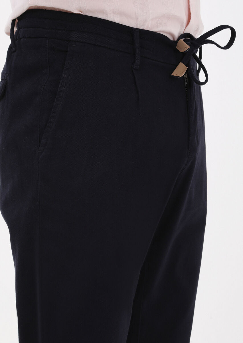 Navy Blue Weaving Jogging Fit Casual Cotton Blended Trousers - 3
