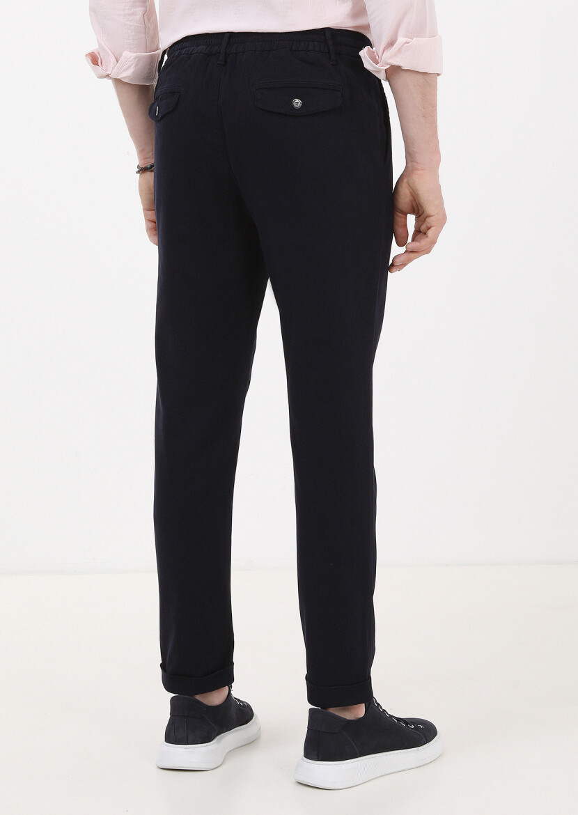 Navy Blue Weaving Jogging Fit Casual Cotton Blended Trousers - 4