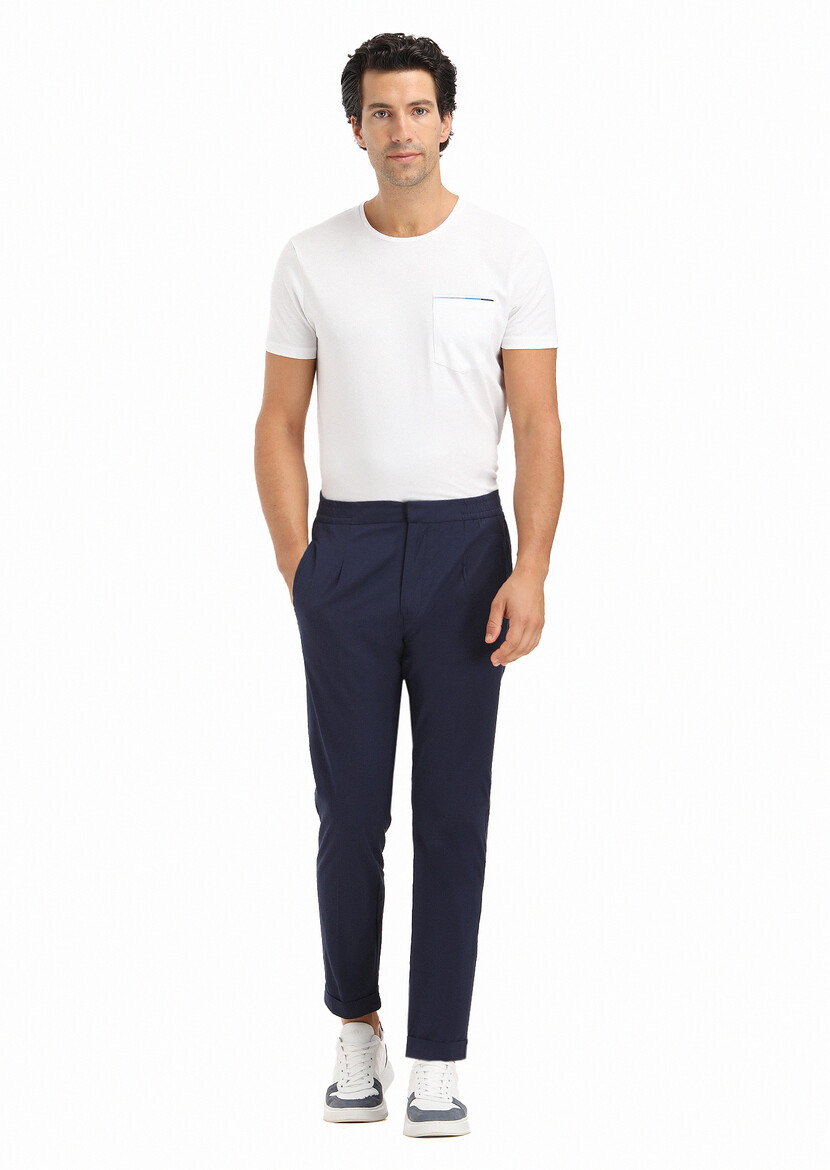 Navy Blue Weaving Jogging Fit Casual Cotton Blended Trousers - 1