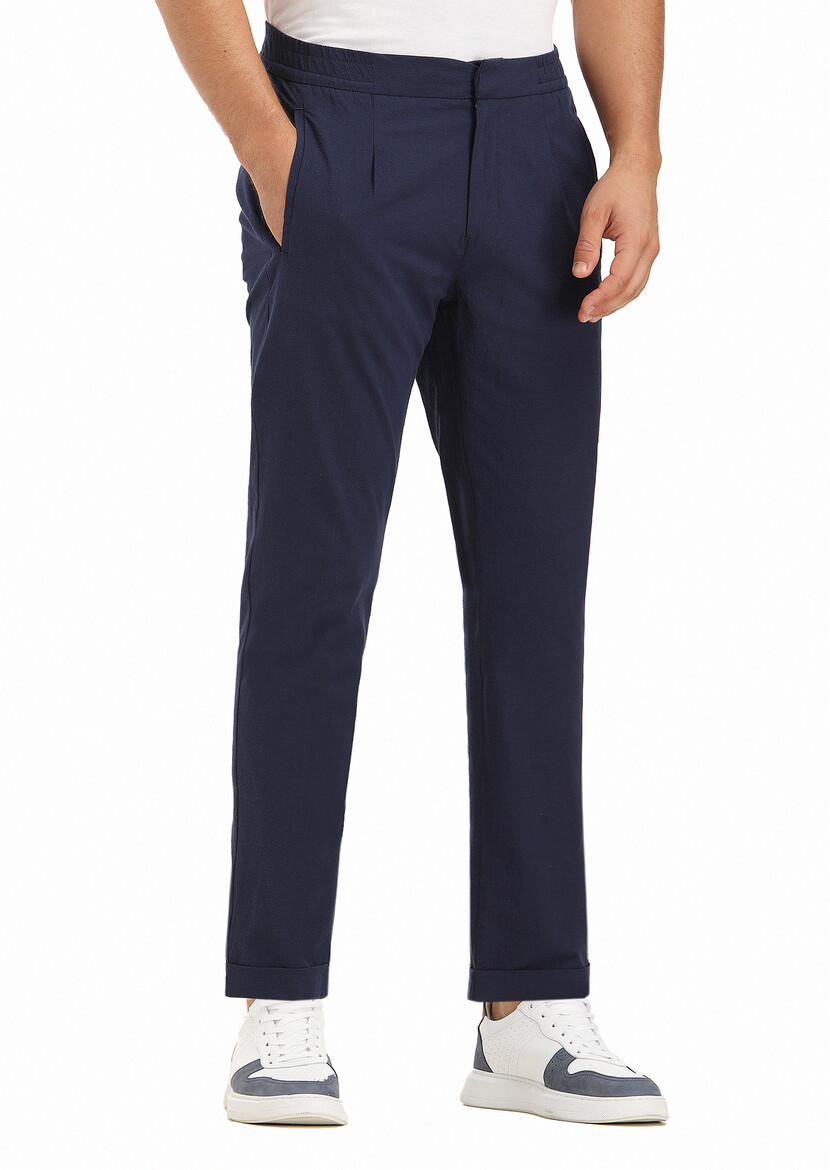 Navy Blue Weaving Jogging Fit Casual Cotton Blended Trousers - 2