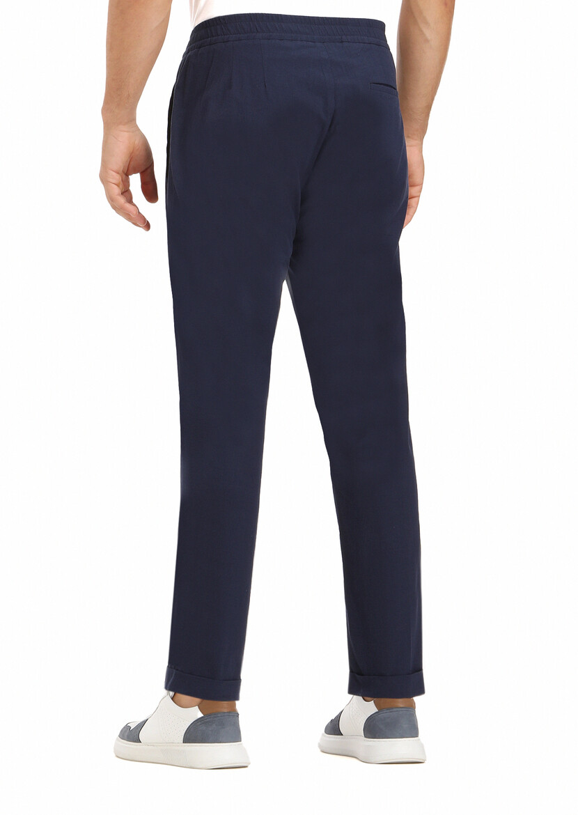 Navy Blue Weaving Jogging Fit Casual Cotton Blended Trousers - 5