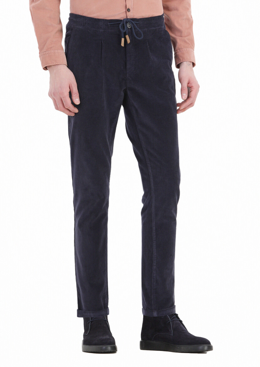 Navy Blue Weaving Jogging Fit Casual Cotton Blended Trousers 
