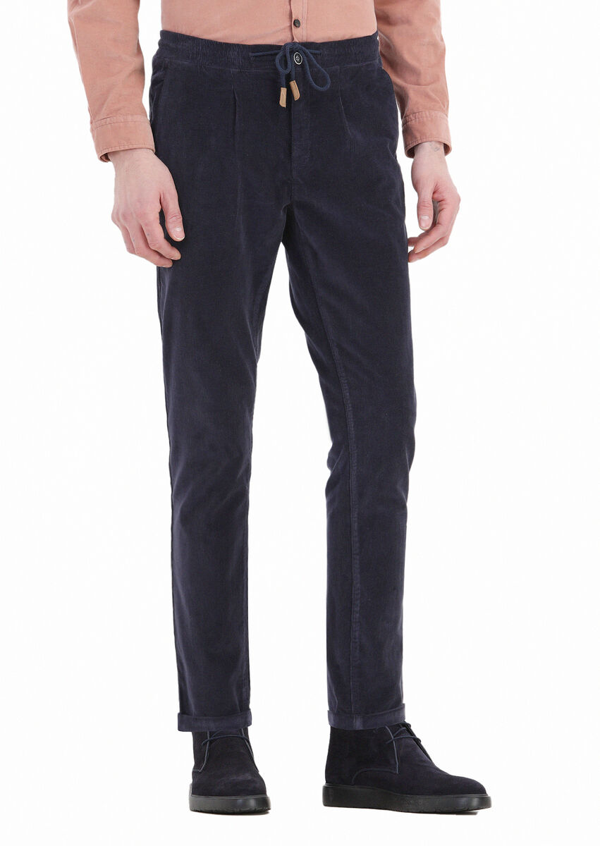 Navy Blue Weaving Jogging Fit Casual Cotton Blended Trousers - 2