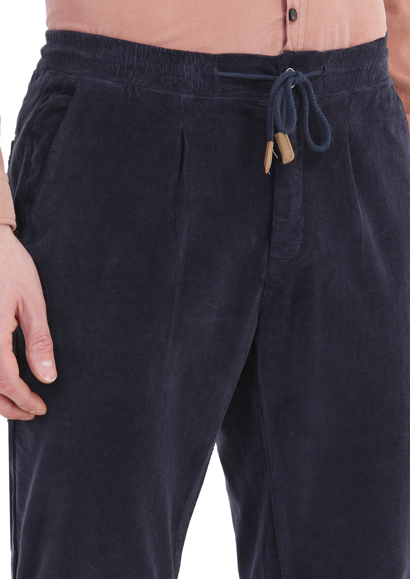 Navy Blue Weaving Jogging Fit Casual Cotton Blended Trousers - 4