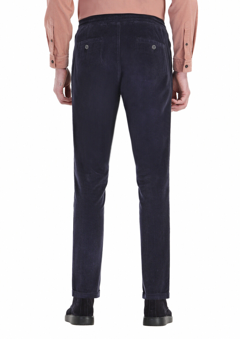 Navy Blue Weaving Jogging Fit Casual Cotton Blended Trousers - 5