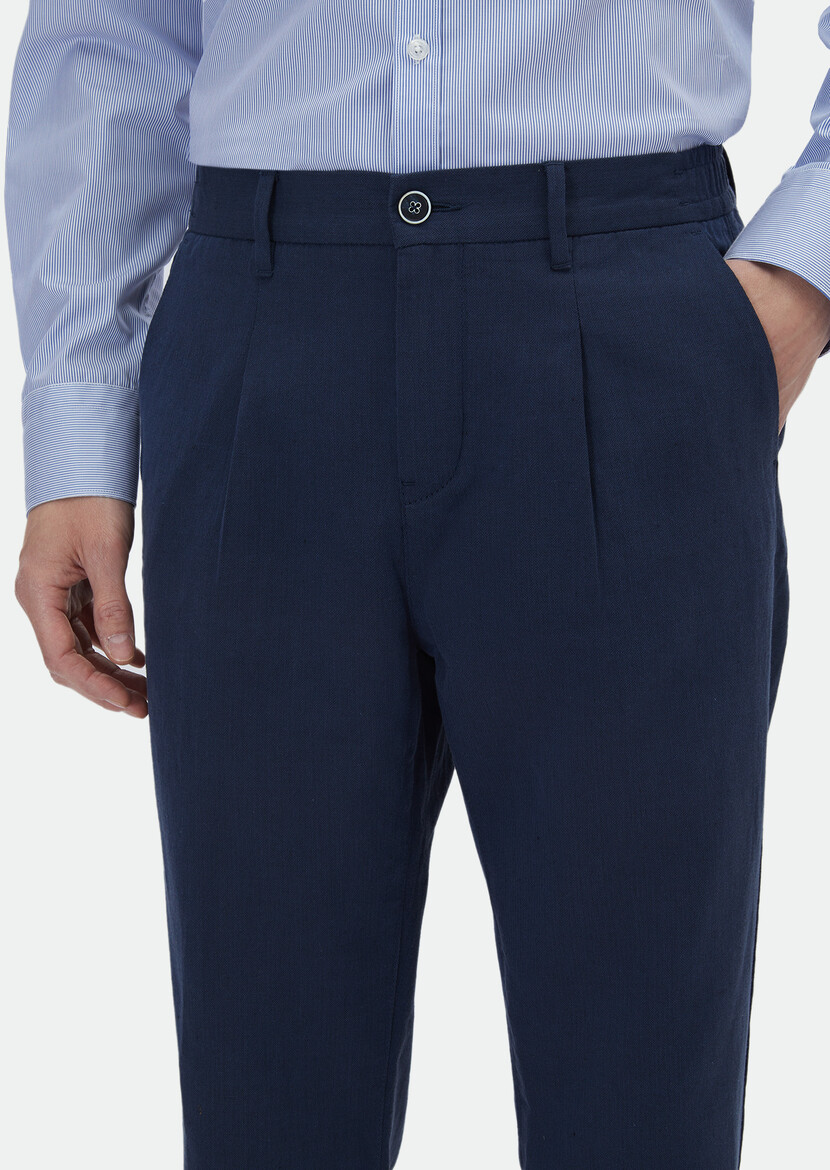 Navy Blue Weaving Jogging Fit Casual Cotton Blended Trousers - 3