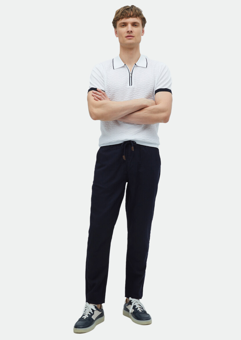 Navy Blue Weaving Jogging Fit Casual Cotton Blended Trousers 