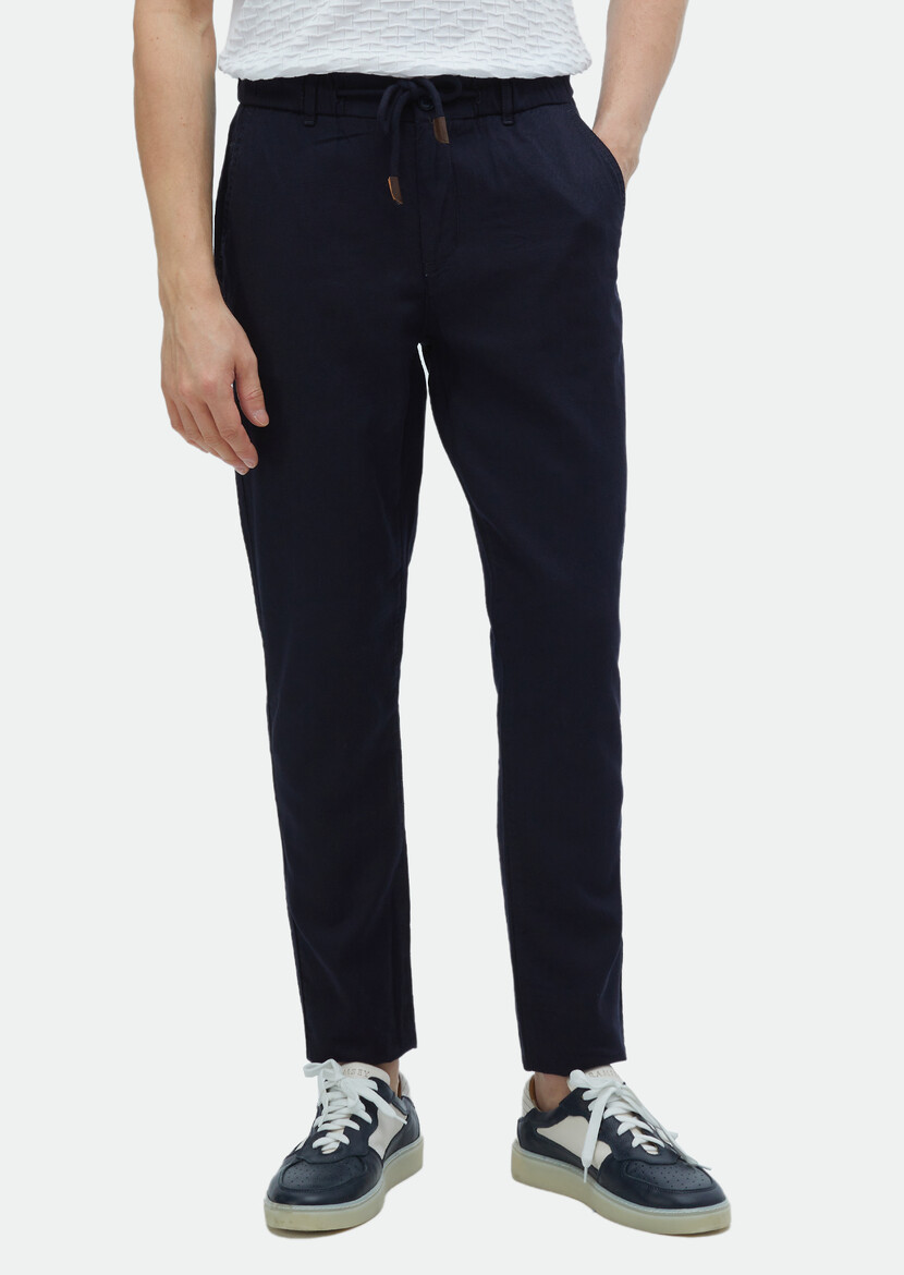 Navy Blue Weaving Jogging Fit Casual Cotton Blended Trousers - 2