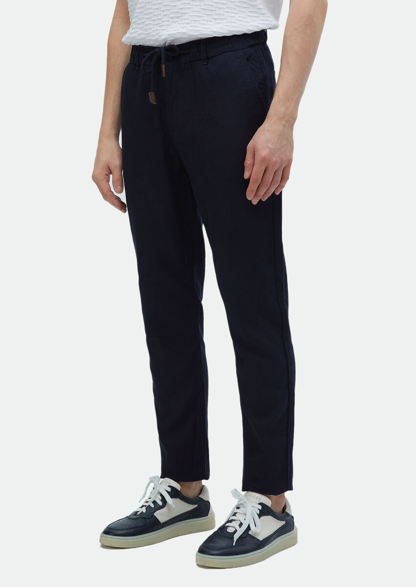 Navy Blue Weaving Jogging Fit Casual Cotton Blended Trousers - 3