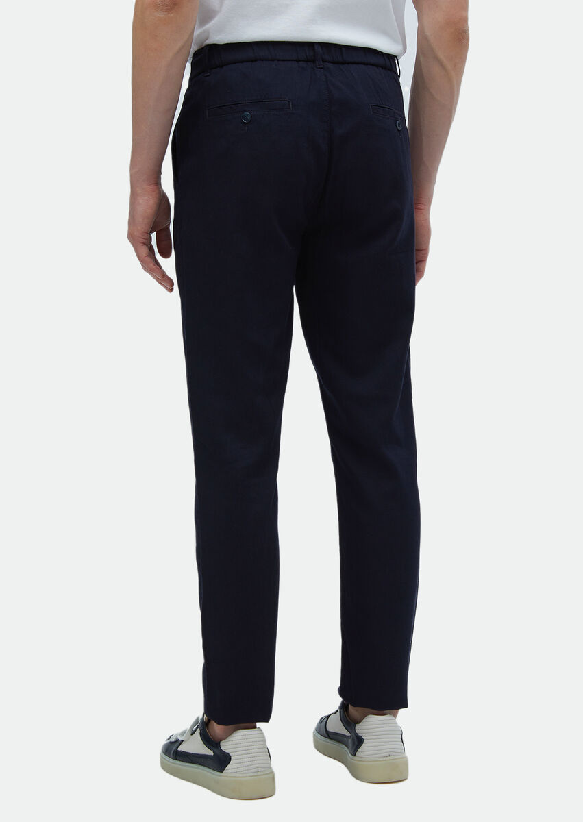 Navy Blue Weaving Jogging Fit Casual Cotton Blended Trousers - 6