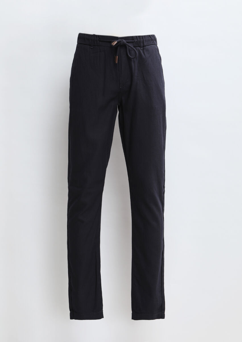 Navy Blue Weaving Jogging Fit Casual Cotton Blended Trousers - 7