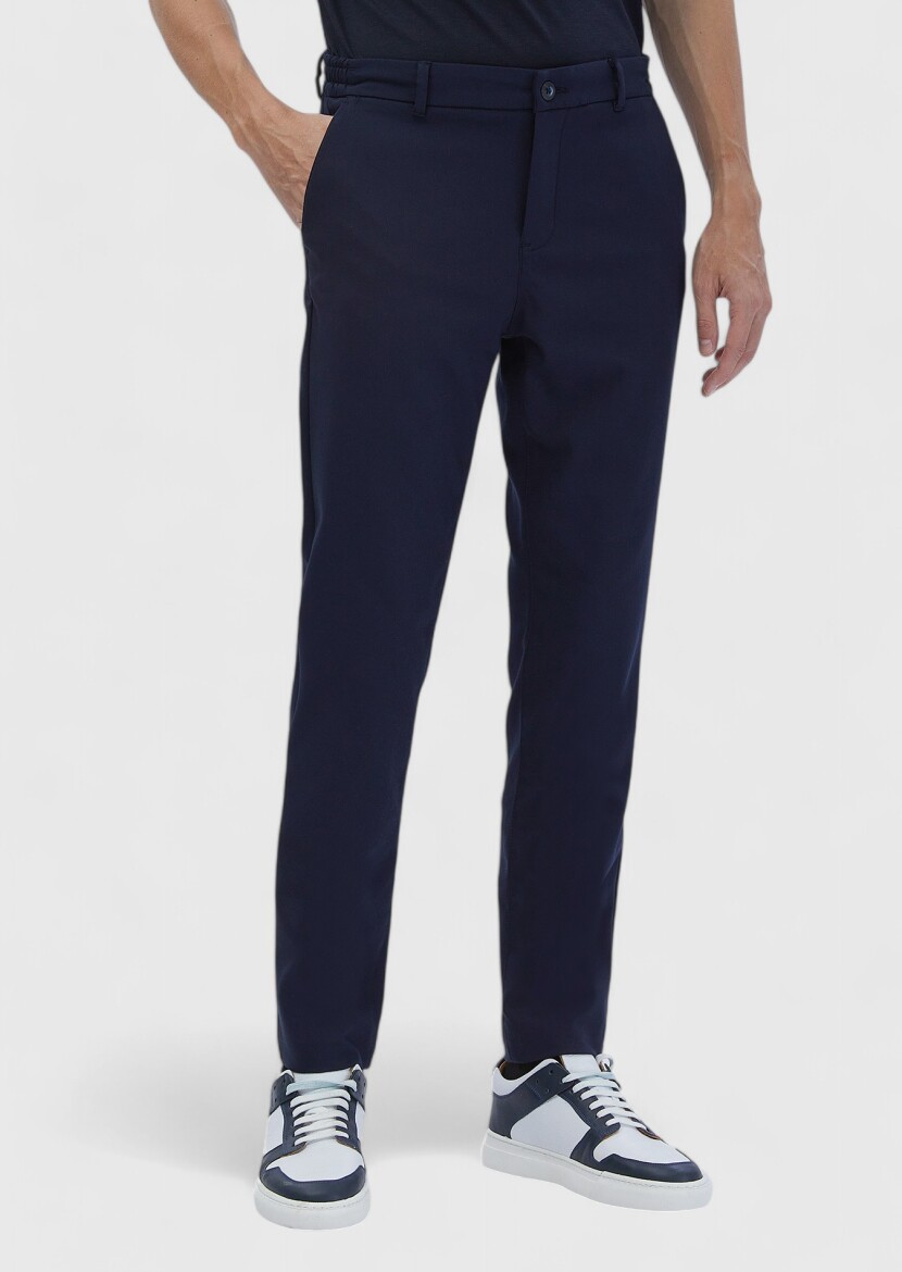 Navy Blue Weaving Jogging Fit Casual Cotton Blended Trousers - 3