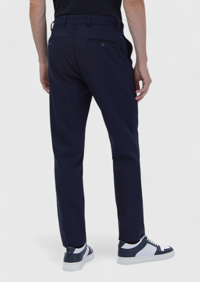 Navy Blue Weaving Jogging Fit Casual Cotton Blended Trousers - 5