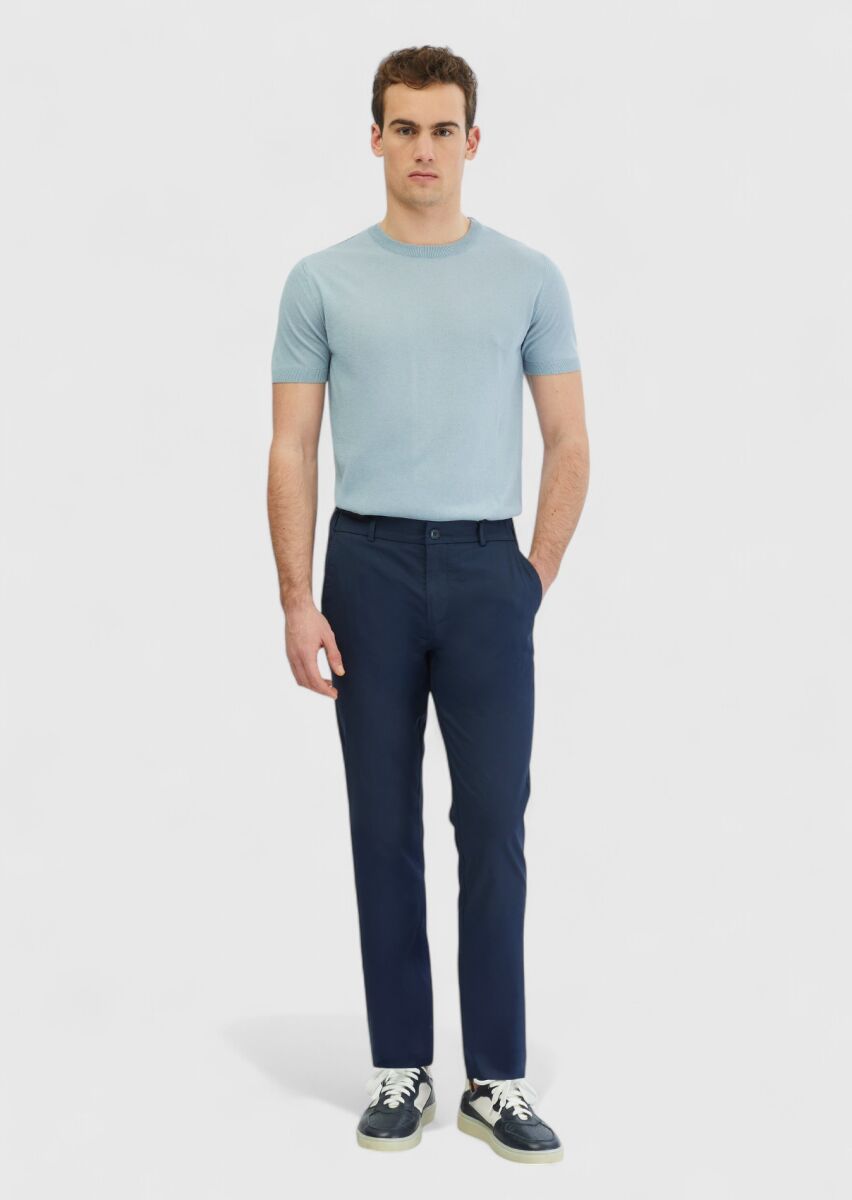 Navy Blue Weaving Jogging Fit Casual Cotton Blended Trousers - 1