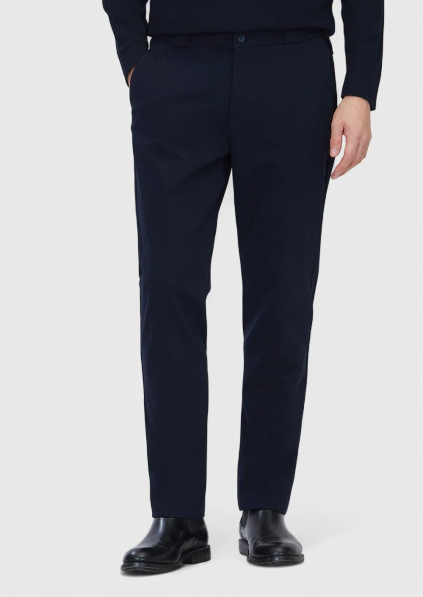 Navy Blue Weaving Jogging Fit Casual Cotton Blended Trousers - 3