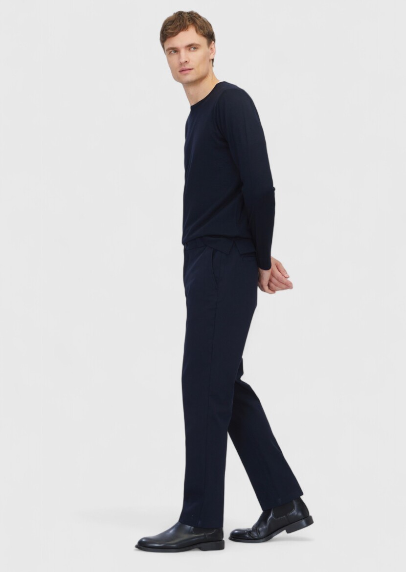 Navy Blue Weaving Jogging Fit Casual Cotton Blended Trousers 