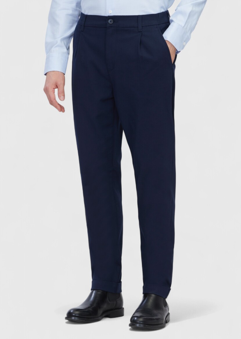 Navy Blue Weaving Jogging Fit Casual Cotton Blended Trousers - RAMSEY