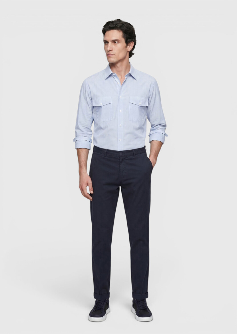Navy Blue Weaving Jogging Fit Casual Cotton Blended Trousers - RAMSEY