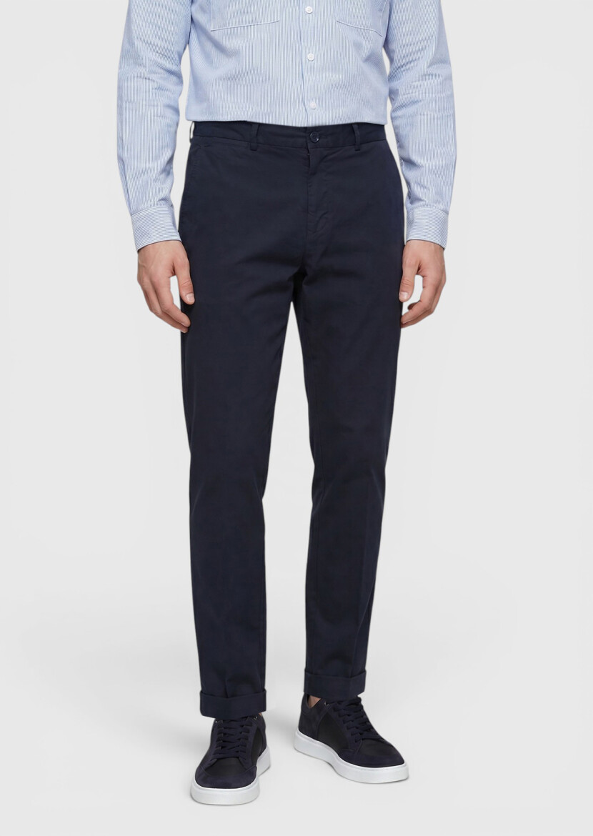 Navy Blue Weaving Jogging Fit Casual Cotton Blended Trousers - RAMSEY