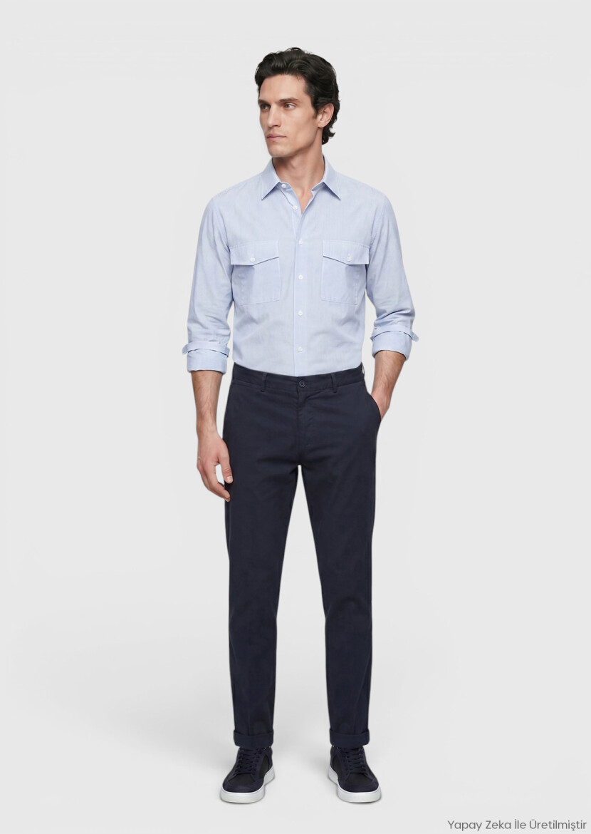 Navy Blue Weaving Jogging Fit Casual Cotton Blended Trousers - RAMSEY