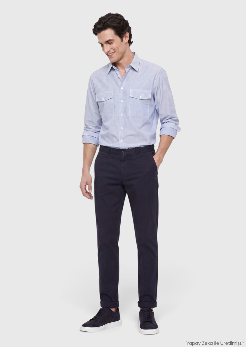Navy Blue Weaving Jogging Fit Casual Cotton Blended Trousers - RAMSEY